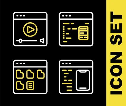 Set line Software, Browser files and Online play video icon. Vector Illustration