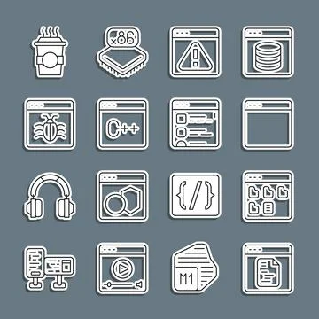 Set line Software, Browser files, window, with exclamation mark, System bug.. Illustrazione stock