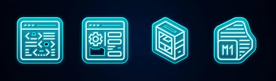 Set line Software, Browser setting, Computer and Processor. Glowing neon icon Stock Illustration