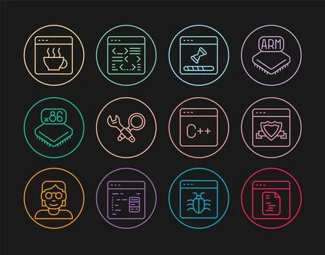 Set line Software, Browser with shield, Loading data window, Debugging, Pro.. Stock Illustration