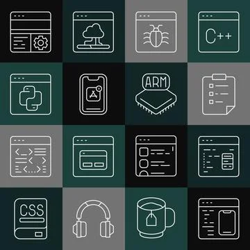 Set line Software, Clipboard with checklist, System bug, Mobile Apps, Python Stock Illustration