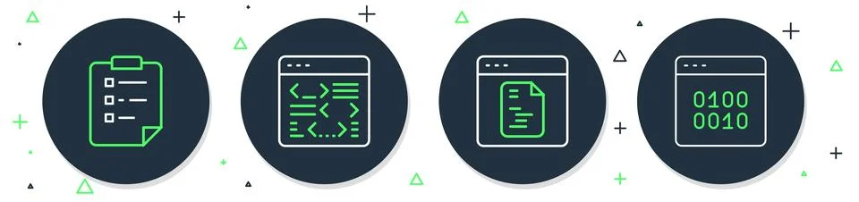 Set line Software, Clipboard with checklist and Binary code icon. Vector Illustrazione stock