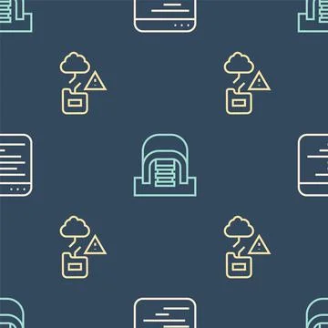 Set line Software, Cloud technology data transfer and Hangar with servers on Illustrazione stock