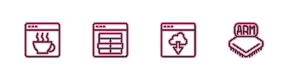 Set line Software, Cloud technology data transfer, MySQL code and Processor icon Stock Illustration