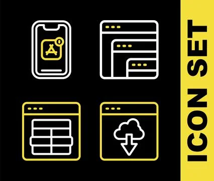 Set line Software, Cloud technology data transfer, MySQL code and Mobile Apps Illustrazione stock