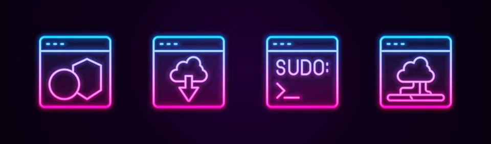 Set line Software, Cloud technology data transfer, Code terminal and . Glow.. Stockillustratie