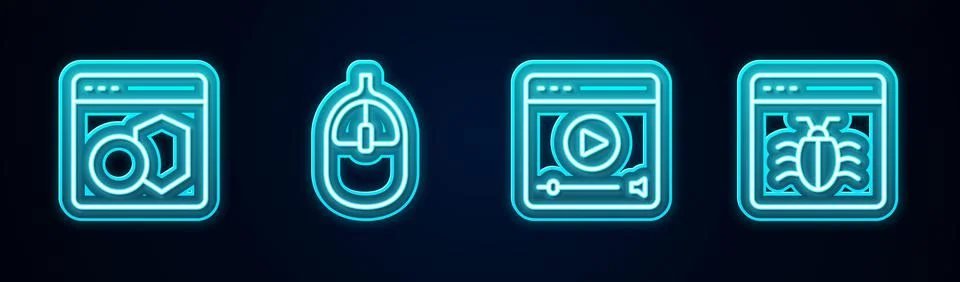 Set line Software, Computer mouse, Online play video and System bug. Glowing Stock Illustration