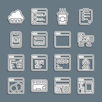 Set line Software, Create account screen, Computer monitor, Coffee cup go Illustrazione stock