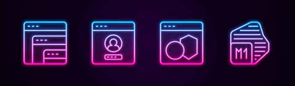 Set line Software, Create account screen, and Processor. Glowing neon icon Stock Illustration
