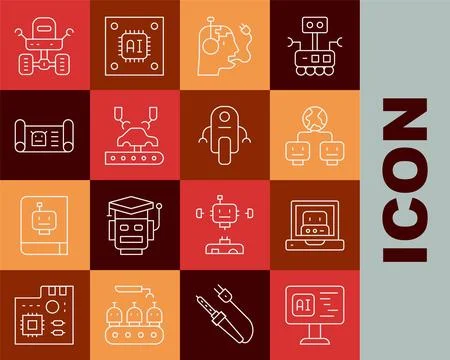 Set line Software, Creating robot, Artificial intelligence, Robot charging .. Stock Illustration