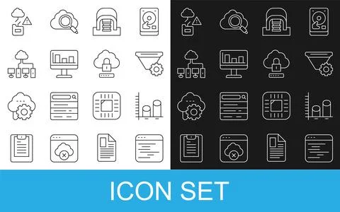Set line Software, Data analysis, Filter setting, Hangar with servers, Monitor イラスト素材