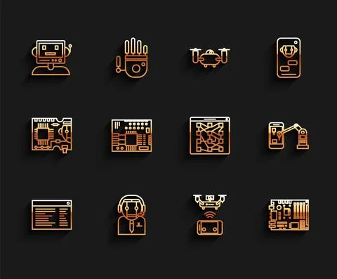 Set line Software, Electronic computer components motherboard digital chip Illustrazione stock