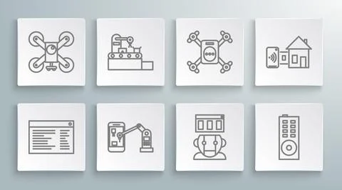 Set line Software Factory conveyor system belt Industrial machine robotic rob Stock Illustration