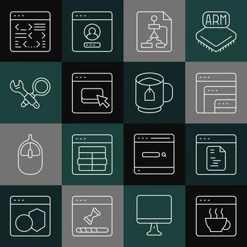 Set line Software, Flowchart, Browser files, Debugging, and Cup tea with tea bag Illustrazione stock