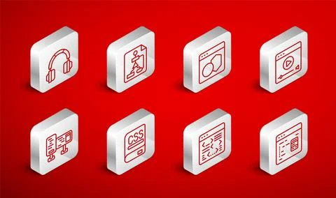 Set line Software, Flowchart, Online play video, Headphones, Books about Stock Illustration