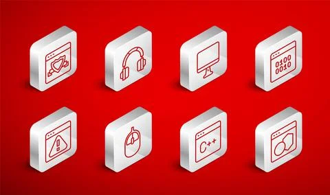 Set line Software, Headphones, Computer monitor screen, Binary code, Browser Stock Illustration