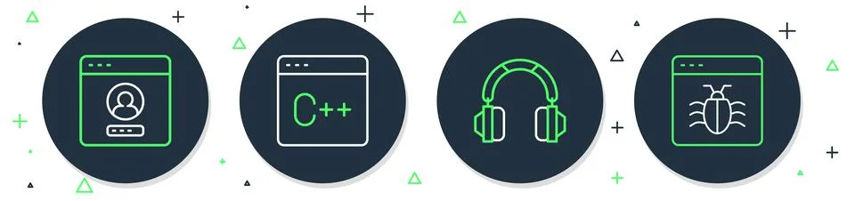 Set line Software, Headphones, Create account screen and System bug icon. Vec Stock Illustration