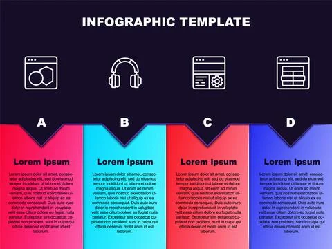 Set line Software, Headphones, Debugging and MySQL code. Business infographic Stock Illustration