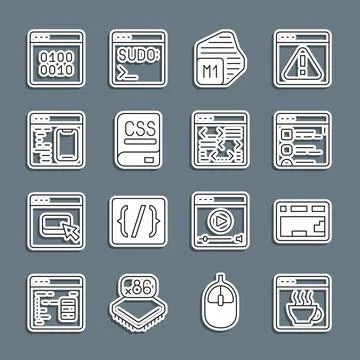 Set line Software, Keyboard, Browser files, Processor, Books about programming 스톡 일러스트