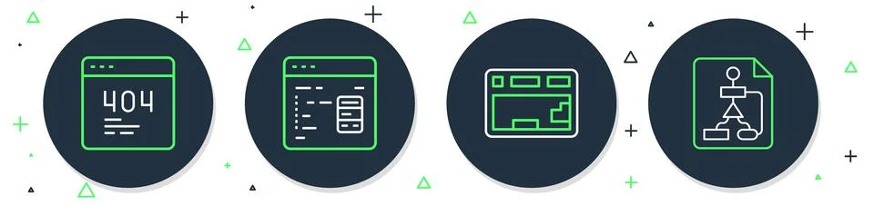 Set line Software, Keyboard, Page with 404 error and Flowchart icon. Vector Stock-Illustration