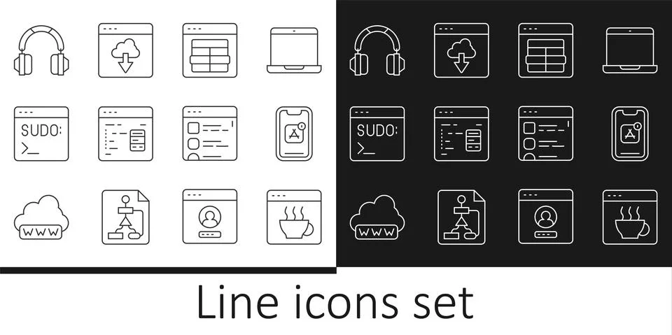Set line Software, Mobile Apps, MySQL code, Code terminal, Headphones, Browser Stock Illustration