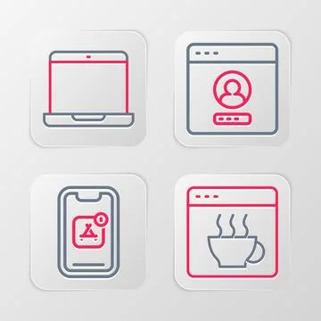 Set line Software, Mobile Apps, Create account screen and Laptop icon. Vector Illustration
