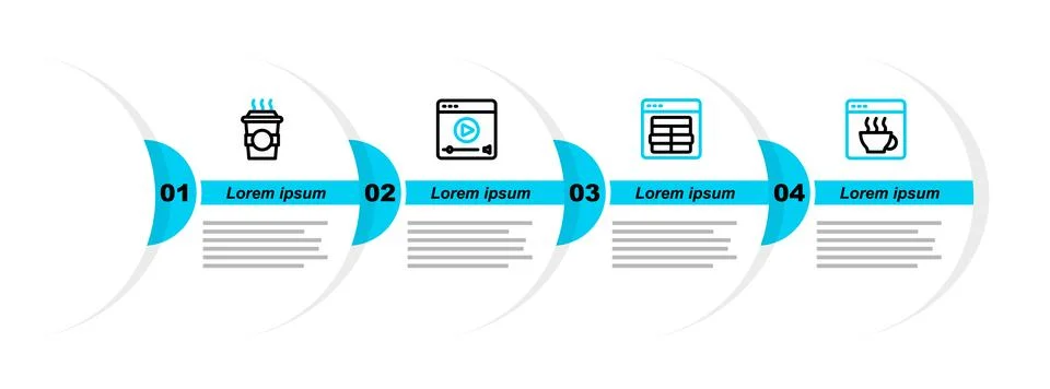 Set line Software, MySQL code, Online play video and Coffee cup to go icon Stock Illustration