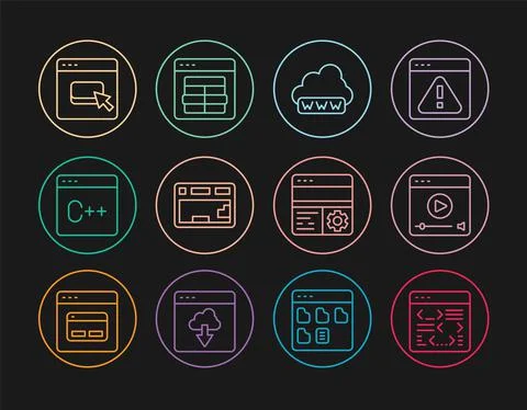 Set line Software, Online play video, Web development, Keyboard, Browser files Stock Illustration