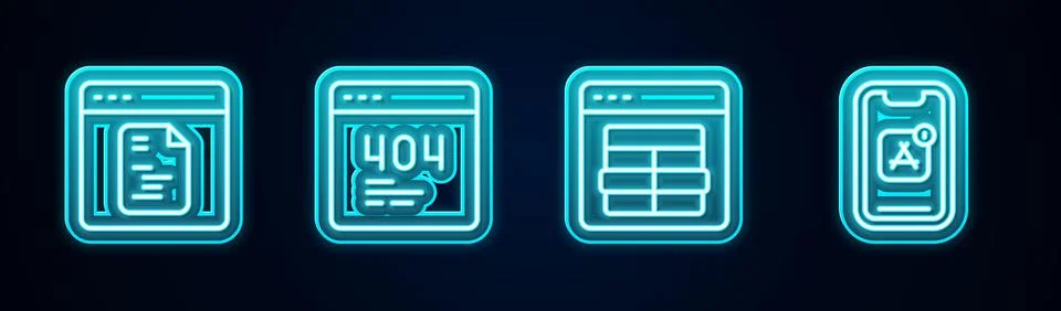 Set line Software, Page with 404 error, MySQL code and Mobile Apps. Glowing neon Stock Illustration