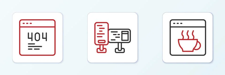 Set line Software, Page with 404 error and Computer monitor screen icon. Vect Stock Illustration