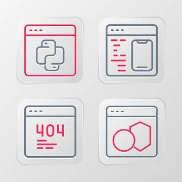 Set line Software, Page with 404 error, and Python programming language icon Illustration