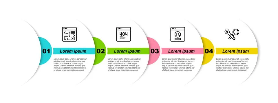 Set line Software, Page with 404 error, Create account screen and Debugging.. Stock Illustration