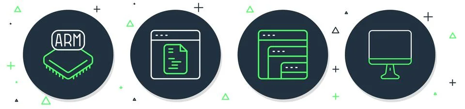 Set line Software, Processor and Computer monitor screen icon. Vector Stock Illustration