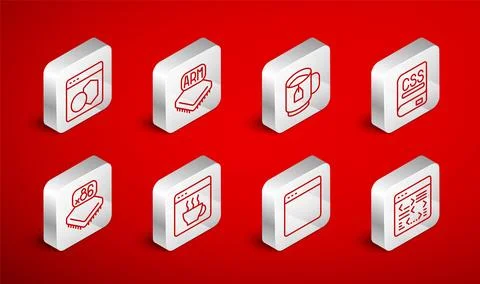 Set line Software, Processor, Cup tea with tea bag, Books about programming.. Stockillustratie