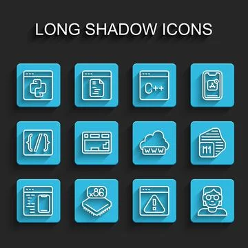 Set line Software, Processor with microcircuits CPU, Python programming language Stock Illustration