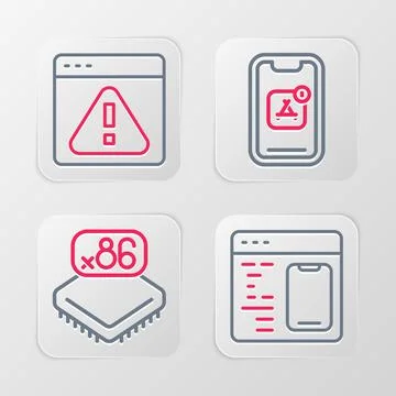 Set line Software, Processor with microcircuits CPU, Mobile Apps and Browse.. Illustrazione stock