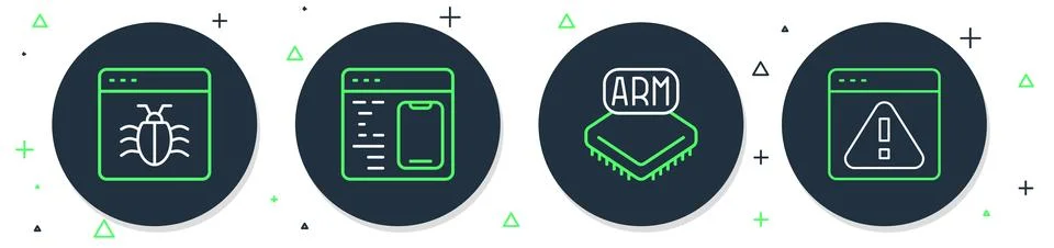 Set line Software, Processor, System bug and Browser with exclamation mark icon Stock Illustration