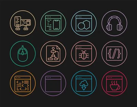 Set line Software, Programming language syntax, Flowchart, Computer mouse Stock Illustration