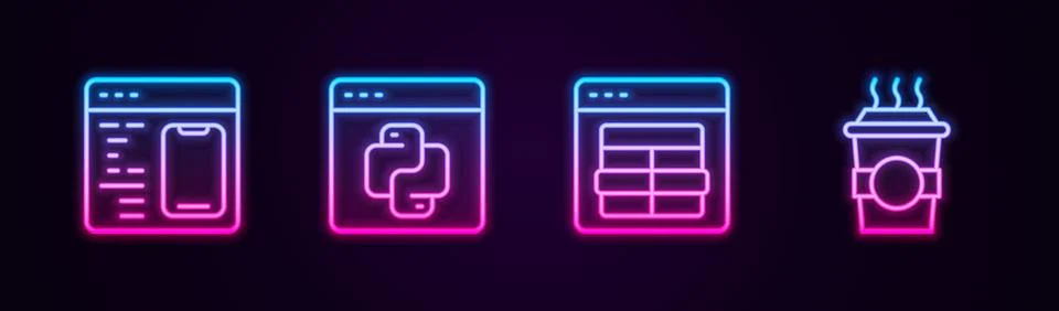 Set line Software, Python programming language, MySQL code and Coffee cup to go Stock Illustration