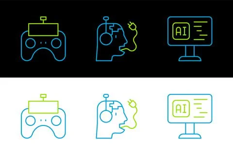 Set line Software, Remote control and Robot charging battery icon. Vector 库存插图