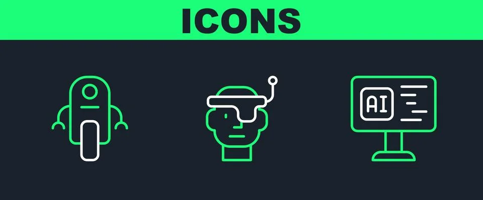 Set line Software, Robot and Smart glasses icon. Vector Illustrazione stock