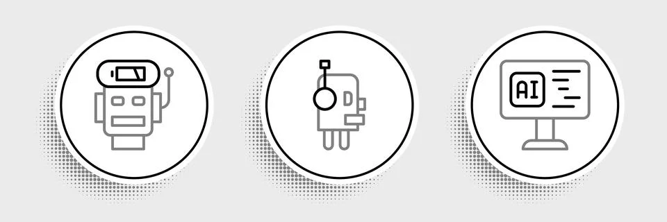 Set line Software, Robot low battery charge and  icon. Vector Stock Illustration