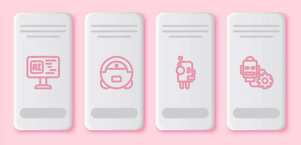 Set line Software, Robot vacuum cleaner, and setting. White rectangle button Stock Illustration