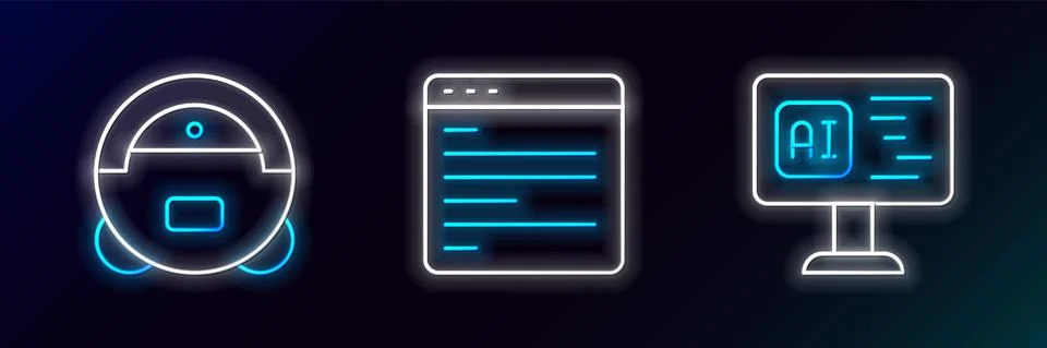 Set line Software, Robot vacuum cleaner and Computer api interface icon. Glowing Stock Illustration
