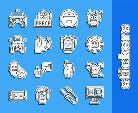 Set line Software, Robot, vacuum cleaner, charging battery, Mars rover, Remote Stock Illustration