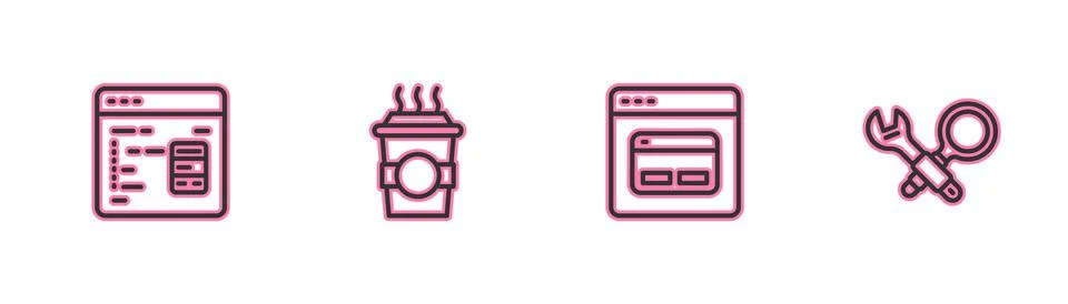 Set line Software, Search engine, Coffee cup to go and Debugging icon. Vector Stock Illustration