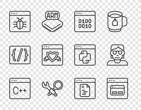 Set line Software, Search engine, Binary code, Debugging, System, Browser with Stock Illustration