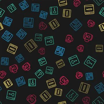 Set line Software, , Search engine and Cup tea with tea bag on seamless pattern Illustrazione stock