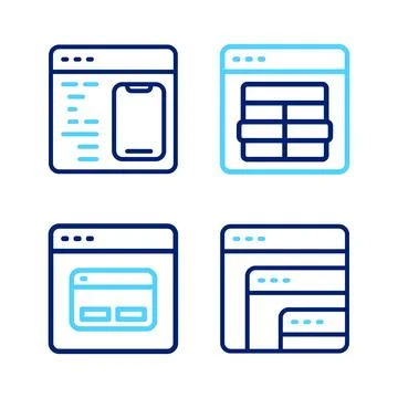 Set line Software, Search engine, MySQL code and  icon. Vector Illustrazione stock