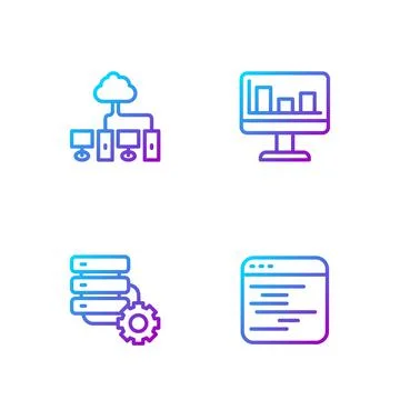 Set line Software, Server and gear, Computer network and Monitor with graph Stock Illustration